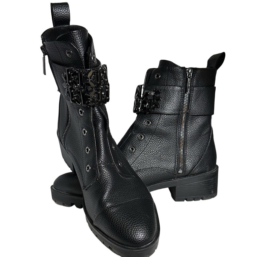 Karl Lagerfeld Paris Payson Black Jeweled Strap Combat Boots – Size 11M / 42D